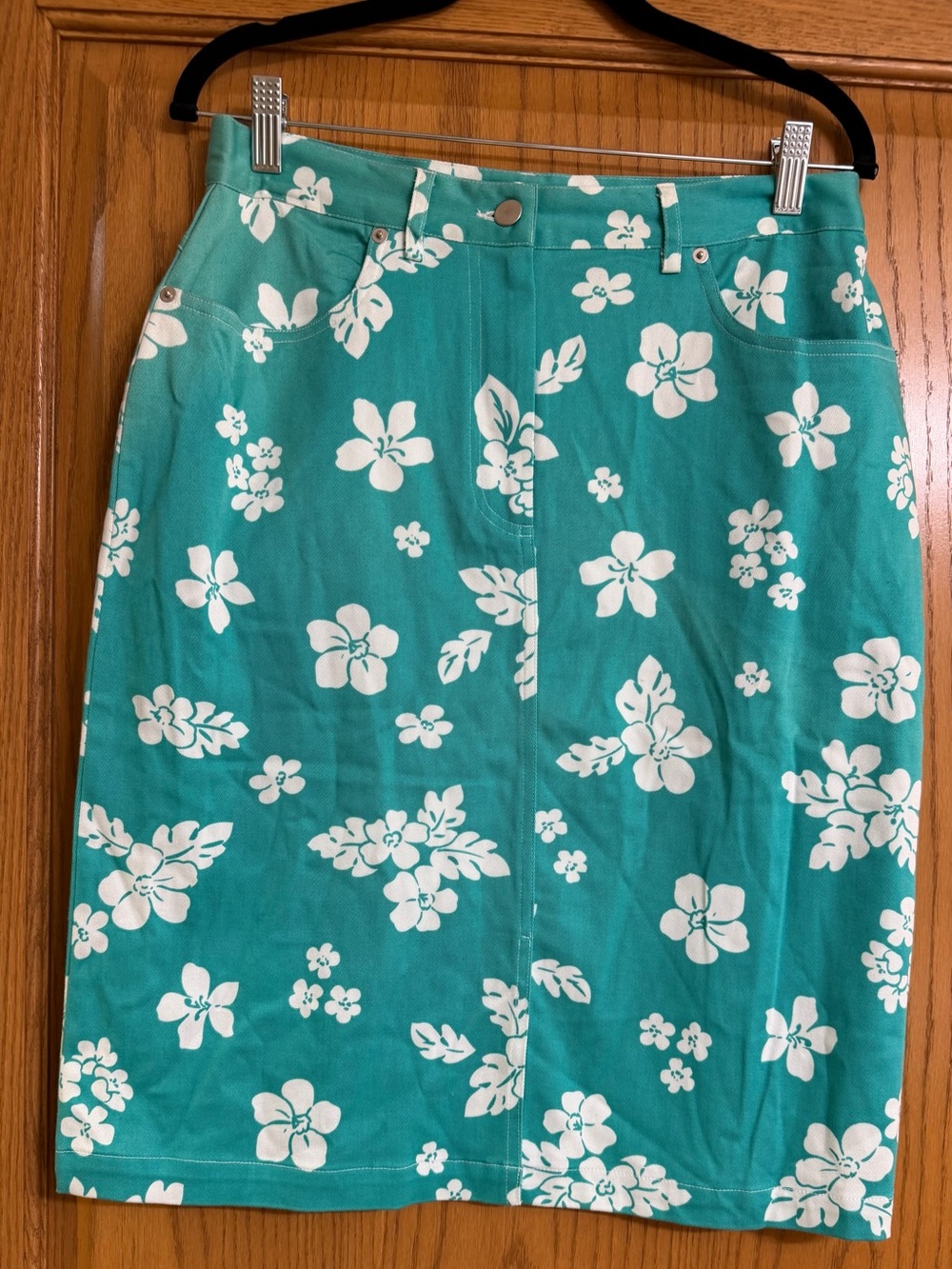 Vintage Pendleton Aqua Blue & White Hawaiian Hibiscus Floral Midi Skirt